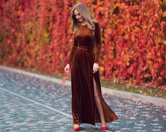 Rust gold velvet long dress, bridesmaid velvet dress, wedding dress, velvet bridesmaid dress, New Year dress, maxi dress,evening dress