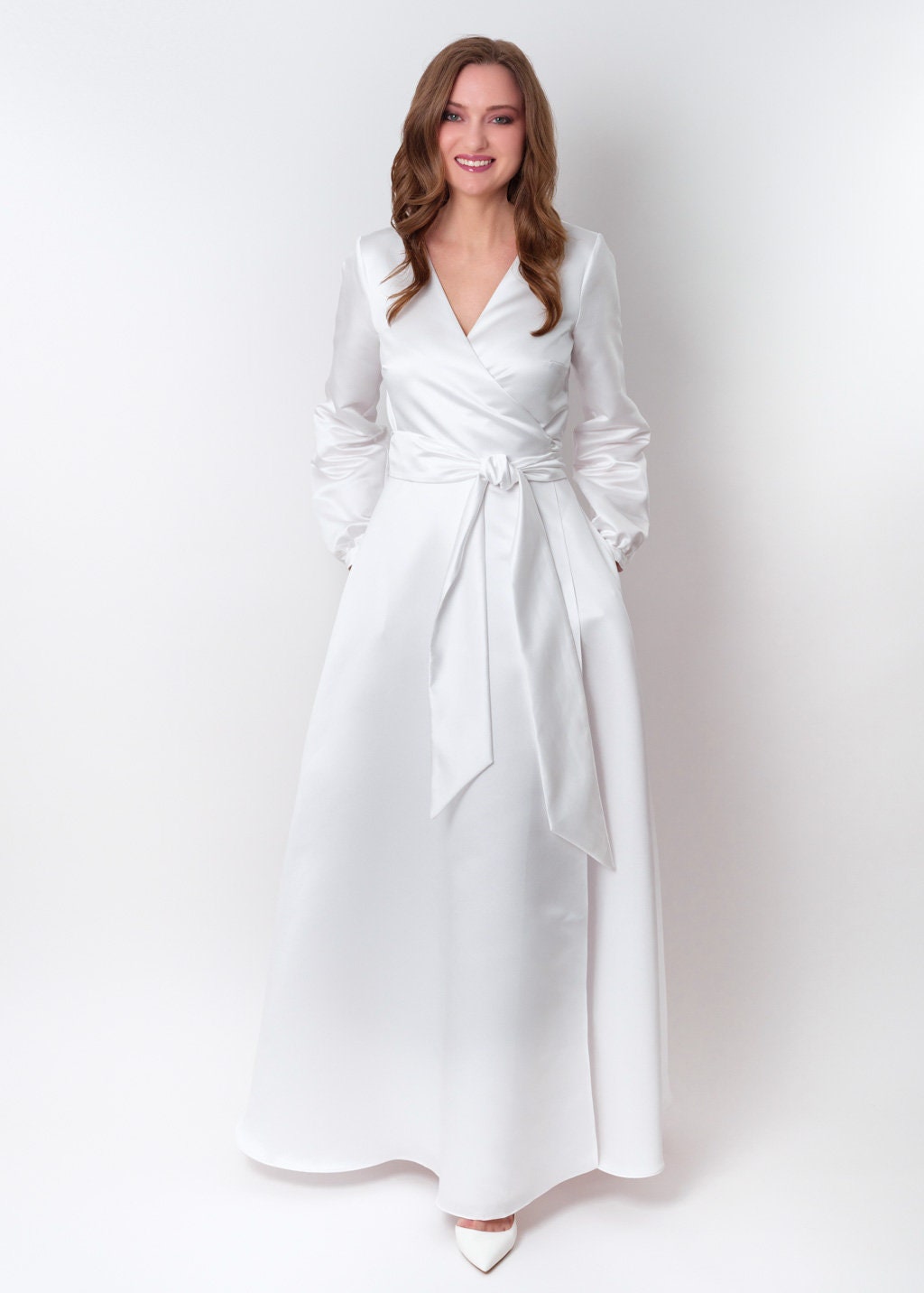 white wrap bridesmaid dress Mina Wrap a line wedding dress