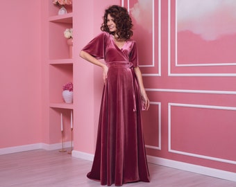 Robe de chambre longue en velours rose poudré, robe de chambre vintage, robe de mariée, robe de chambre de demoiselles d'honneur, robe de chambre en velours pour femme, longue robe de chambre en velours, robe de chambre luxueuse, robe de mariée