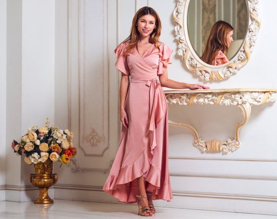 Light Pink Bridesmaid Silk Dress Wrap Ruffle Pink Satin Gown Wedding Guest Dress