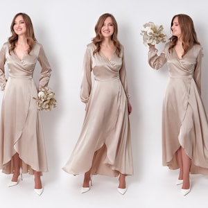 Champagne beige silk dress, silk dress, wrap dress, bridesmaid dress, wedding guest dress, women dress, evening dress, long dress