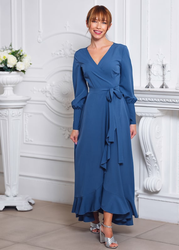 semi formal wrap dress Indigo blue long wrap dress, bridesmaid dress, cocktail dress, wedding guest dress, maxi party dress, formal dress, prom dress