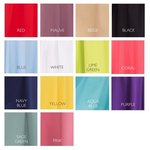 May include: A color chart with 14 different fabric swatches. The swatches are arranged in a grid of four rows and three columns. The colors include red, mauve, beige, black, blue, white, lime green, coral, navy blue, yellow, aqua blue, purple, sage green, and pink.