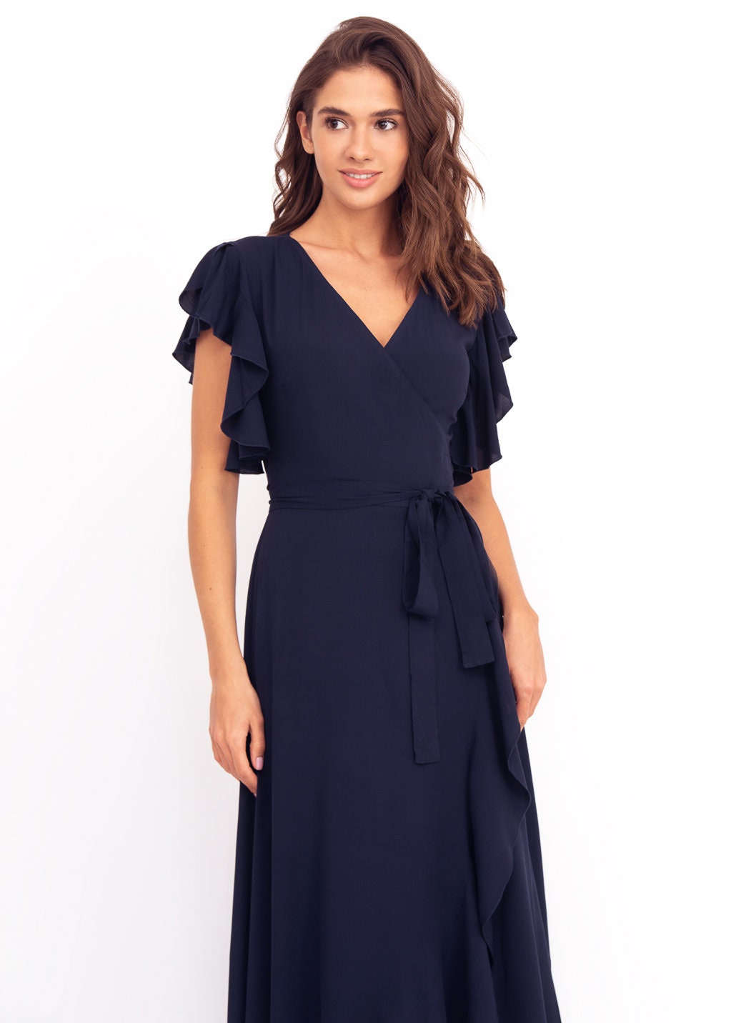 Navy Blue Wrap Around Dress, Maxi Dress, Long Dress, Wedding Guest Dress, Formal Short Sleeves Dress, Evening Dress, Blue Elegant Dress