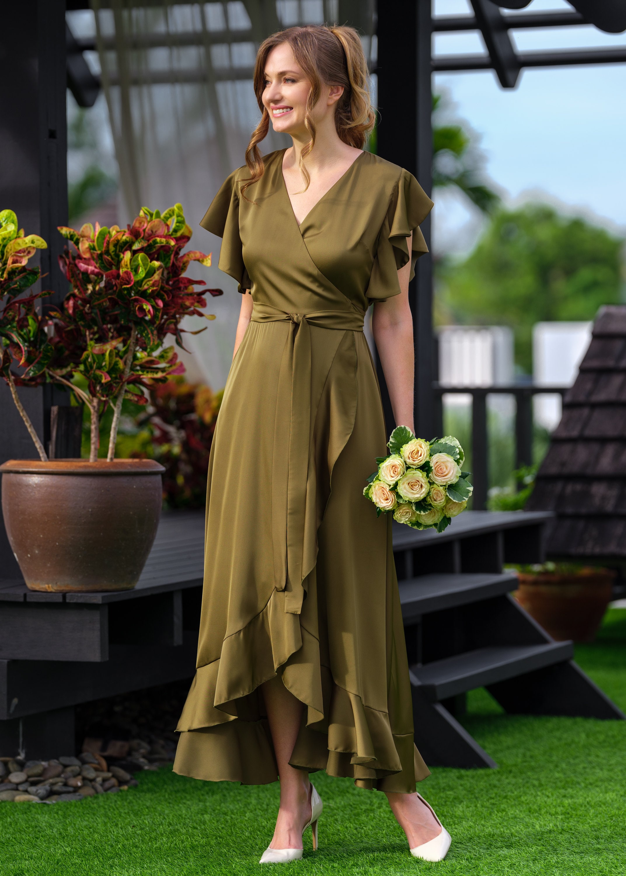 Fall Wedding Guest Dresses Olive Dress, Silk Dress, Wrap Dress, Bridesmaid  Dress, Wedding Guest Dress, Women Dress, Maxi Dress, Evening Dress, Long  Dress
