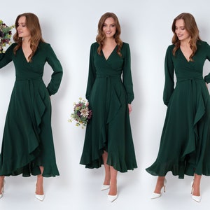 Vestido de dama de honor de gasa verde oscuro, vestido de invitada de boda, vestido de dama de honor, vestido largo cruzado de gasa, vestido de noche, vestido formal de gasa