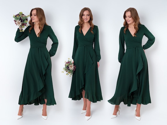 Dark green chiffon bridesmaid dress, wedding guest dress, bridesmaids dress, chiffon long wrap dress, evening dress, formal chiffon dress