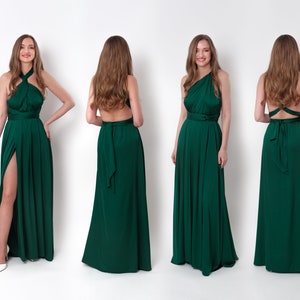 Infinity-Schlitzkleid, dunkelgrünes Seidenkleid, Brautjungfernkleid, Seidensatinkleid, Multi-Wickelkleid, wandelbares Kleid, Multiway-Kleid Bild 10