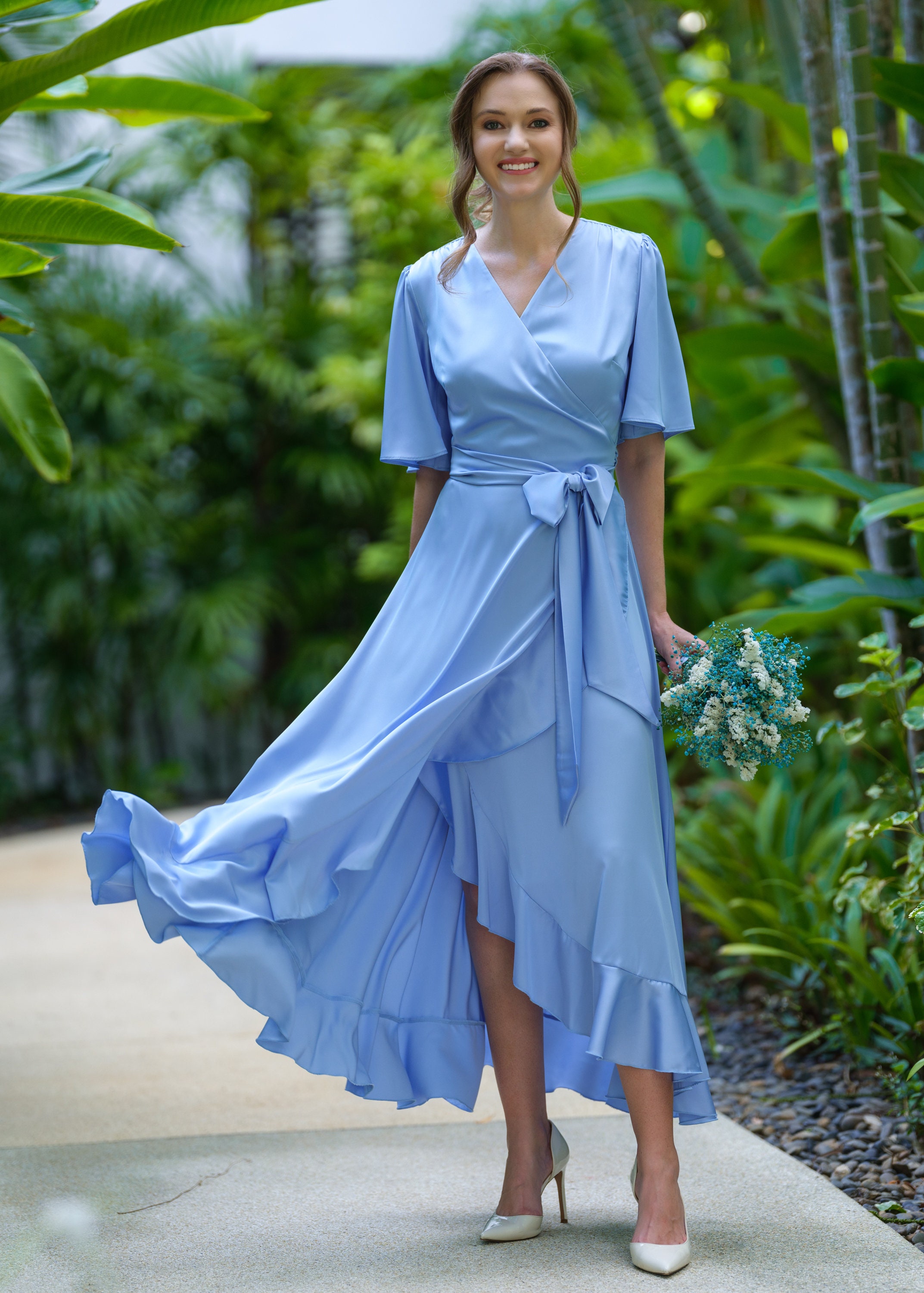 pale blue wrap dress maxi Breanne Faux Wrap Maxi Dress - Slate Blue