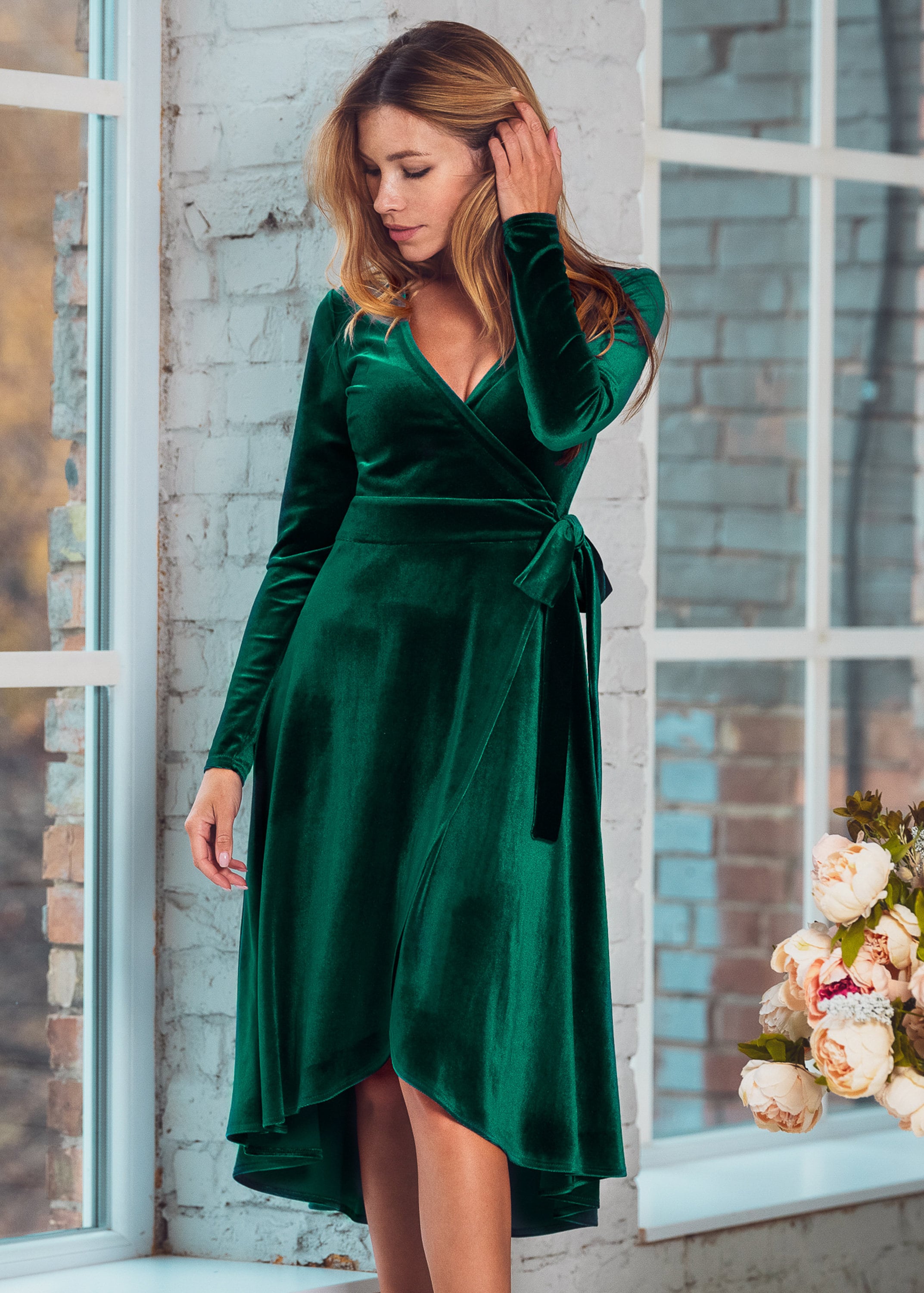 Velvet Emerald Green Wrap Dress with long sleeves: fall and winter special occasion, Christmas, plus size Velvet Emerald Green Wrap Dress with long sleeves: fall and winter special occasion, Christmas, plus size