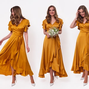 Gold silk dress, silk dress, wrap dress, bridesmaid dress, wedding guest dress, women dress, maxi dress, evening dress, long dress