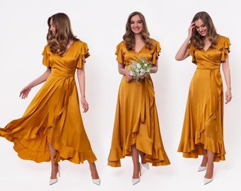 Gold silk dress, silk dress, wrap dress, bridesmaid dress, wedding guest dress, women dress, maxi dress, evening dress, long dress