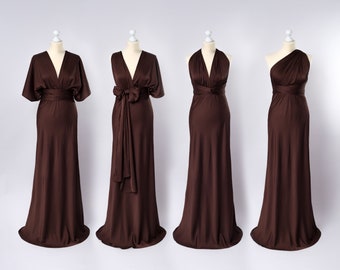 Vestido infinito, vestido de seda marrón chocolate, vestido de dama de honor, vestido de seda, vestido multienvoltura, vestido convertible, vestido multiway, vestido largo