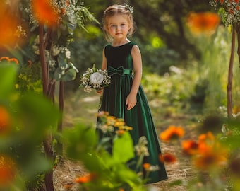 Velvet flower girl dress, emerald green velvet flower girl dress, dresses for girls