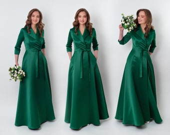 Emerald green wrap satin dress, wrap dress, bridesmaid dress, wedding guest dress, women dress, maxi dress, evening dress, long dress