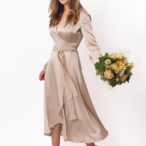 Champagne beige silk dress, silk dress, wrap dress, bridesmaid dress, wedding guest dress, women dress, maxi dress, evening dress image 3