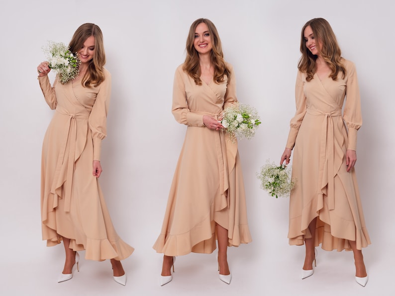 Champagne beige long wrap dress bridesmaid dress cocktail image 1