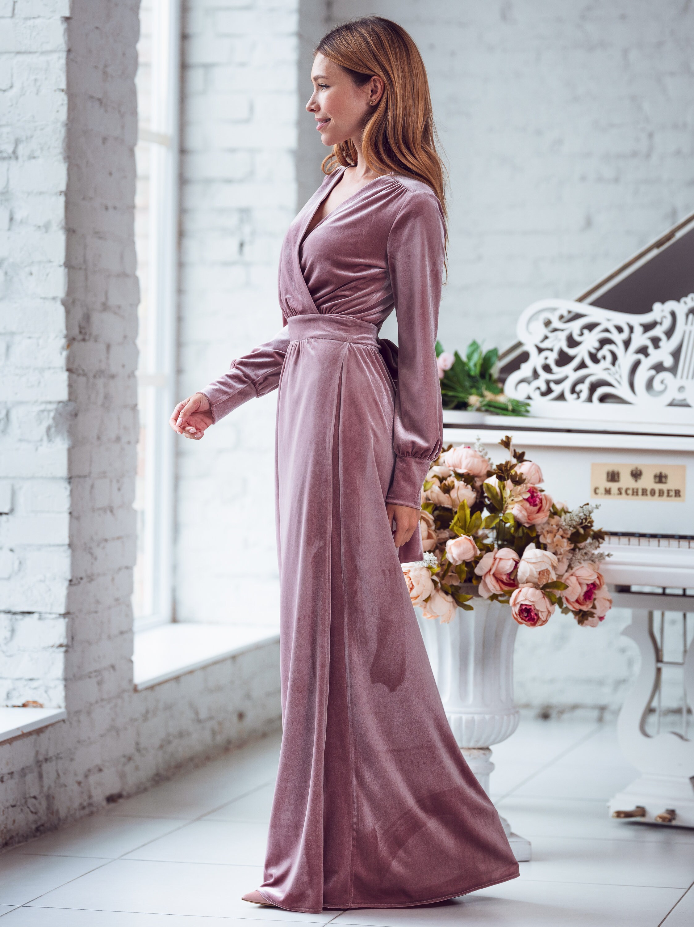 Long Sleeve Mauve Wrap Dress Long Mauve Velvet Wrap Dress: Long Sleeve And  Floor-Length, Christmas Or Holiday Parties, Fall, Winter Weddings Special  Occasions Gown