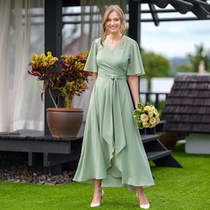 Vestido de dama de honor de gasa verde salvia, vestido de invitada de boda, vestido de dama de honor, vestido largo cruzado de gasa, vestido de noche, vestido formal de gasa