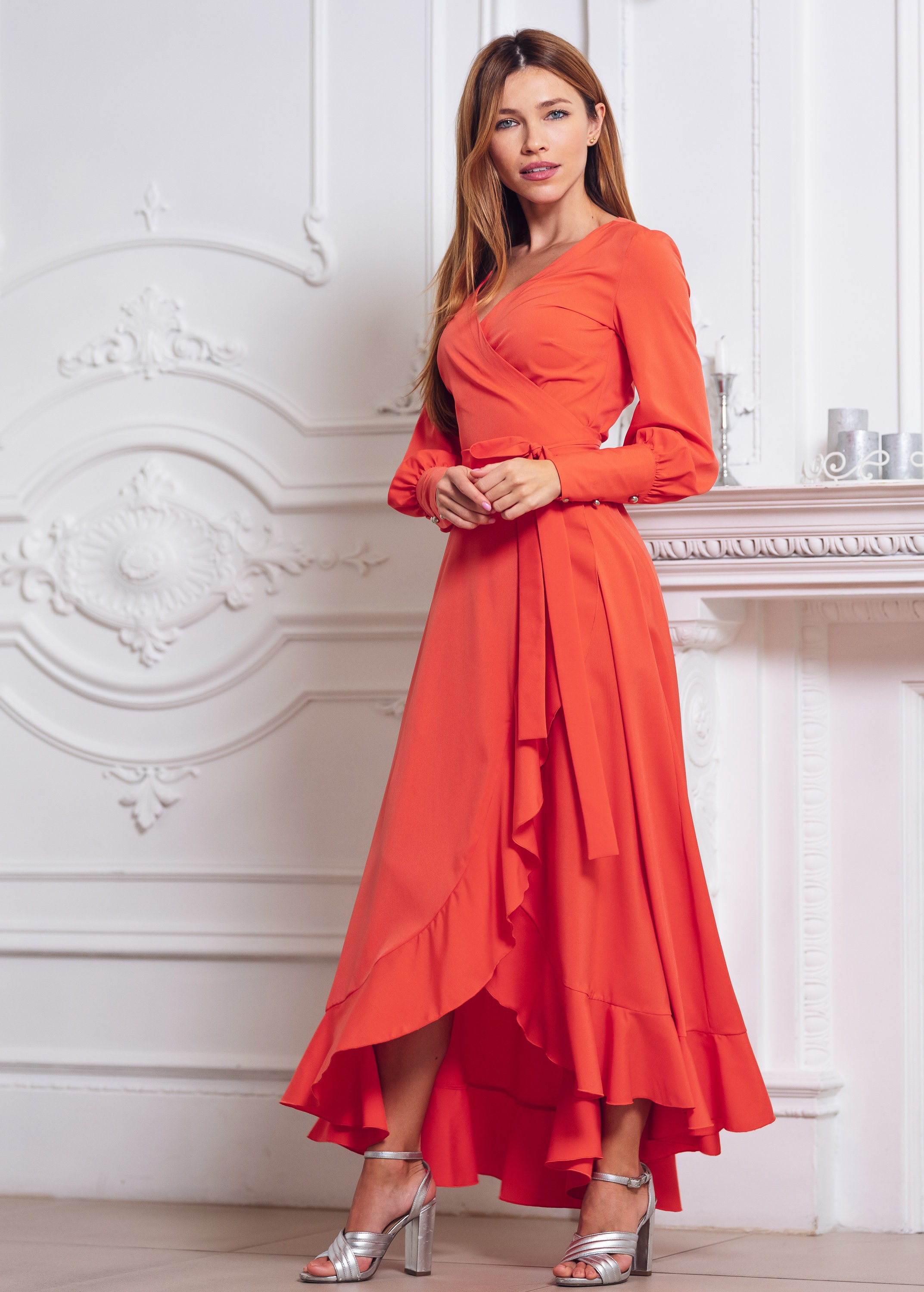 knee length dresses for ladies Long Sleeve Modest Muslim Formal Evening Dress Coral Pink Silk