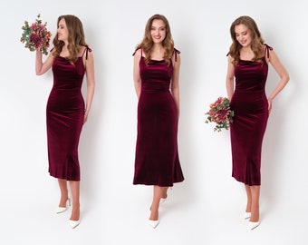Velvet Midi Dress in Burgundy: Bridesmaid, Wedding Guest, Cocktail Party Gown