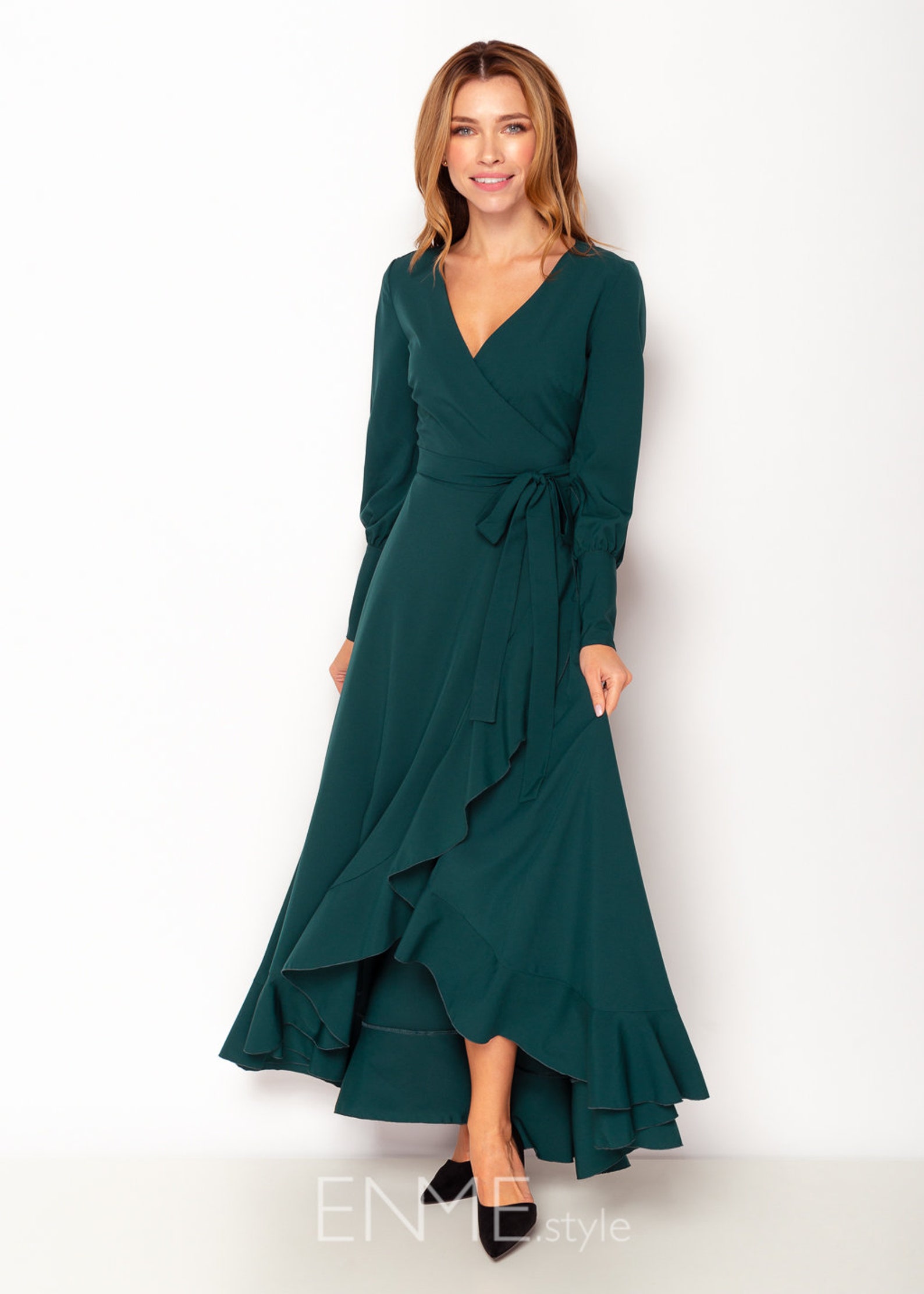Green long wrap dress / bridesmaid dress / cocktail dress / Etsy