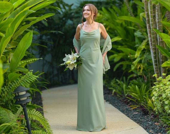Sage Green Chiffon Long Bridesmaid Dress With Shawl