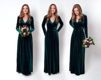 Teal green velvet maxi dress - holiday gown with long sleeves and slit, Christmas Party, Winter Wedding, Bridesmaid