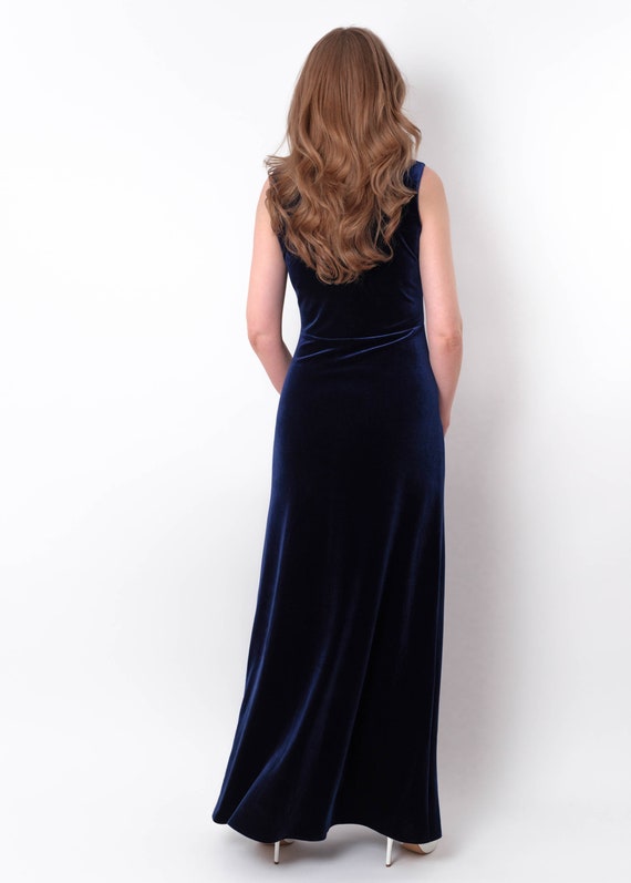 Navy Blue Velvet Long Pencil Dress Velvet Slit Dress Bridesmaid Velvet Dress Wedding Guest Dress Evening Dress Velvet Maxi Dress