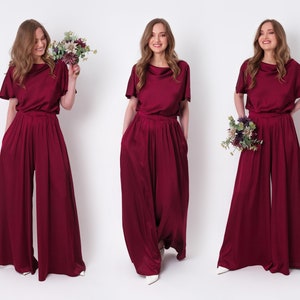 Burgundy silk jumpsuit, silk jumpsuit, bridesmaid jumpsuit, wedding guest jumpsuit, evening jumpsuit, bridesmaid dress, cocktail