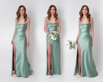 Sage green silk slit dress, bridesmaid dress, silk satin dress, wedding guest dress, evening dress, wedding cocktail party dress