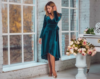 Velvet Teal Green Wrap Dress with long sleeves: fall and winter special occasion, Christmas, plus size