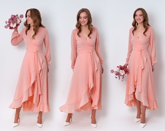 Blush pink chiffon bridesmaid dress, wedding guest dress, bridesmaids dress, chiffon long wrap dress, evening dress, formal chiffon dress