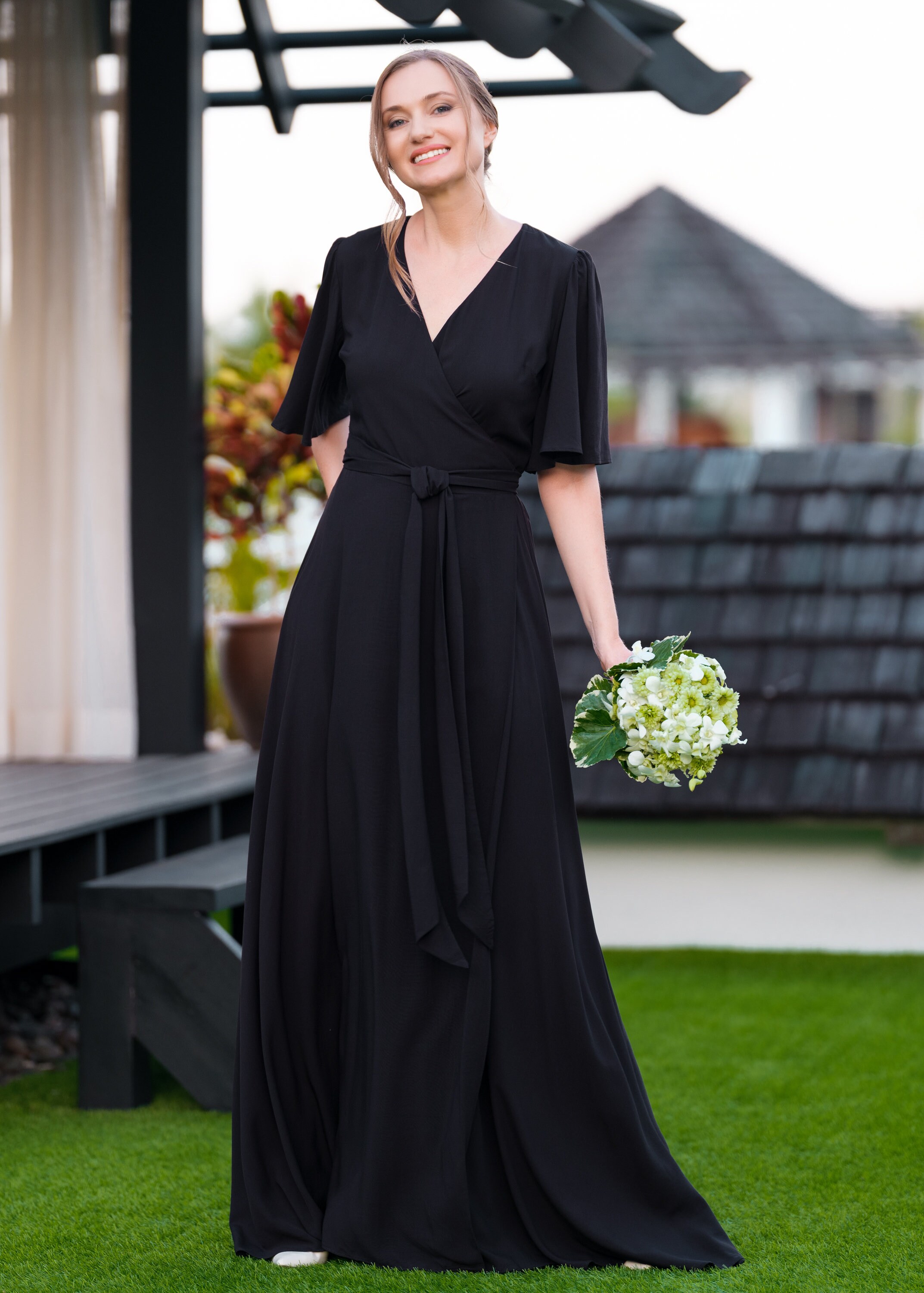 blue dress for baby girl Strapless Black Chiffon Long Bridesmaid Dress with Slit – FancyVestido main image 0