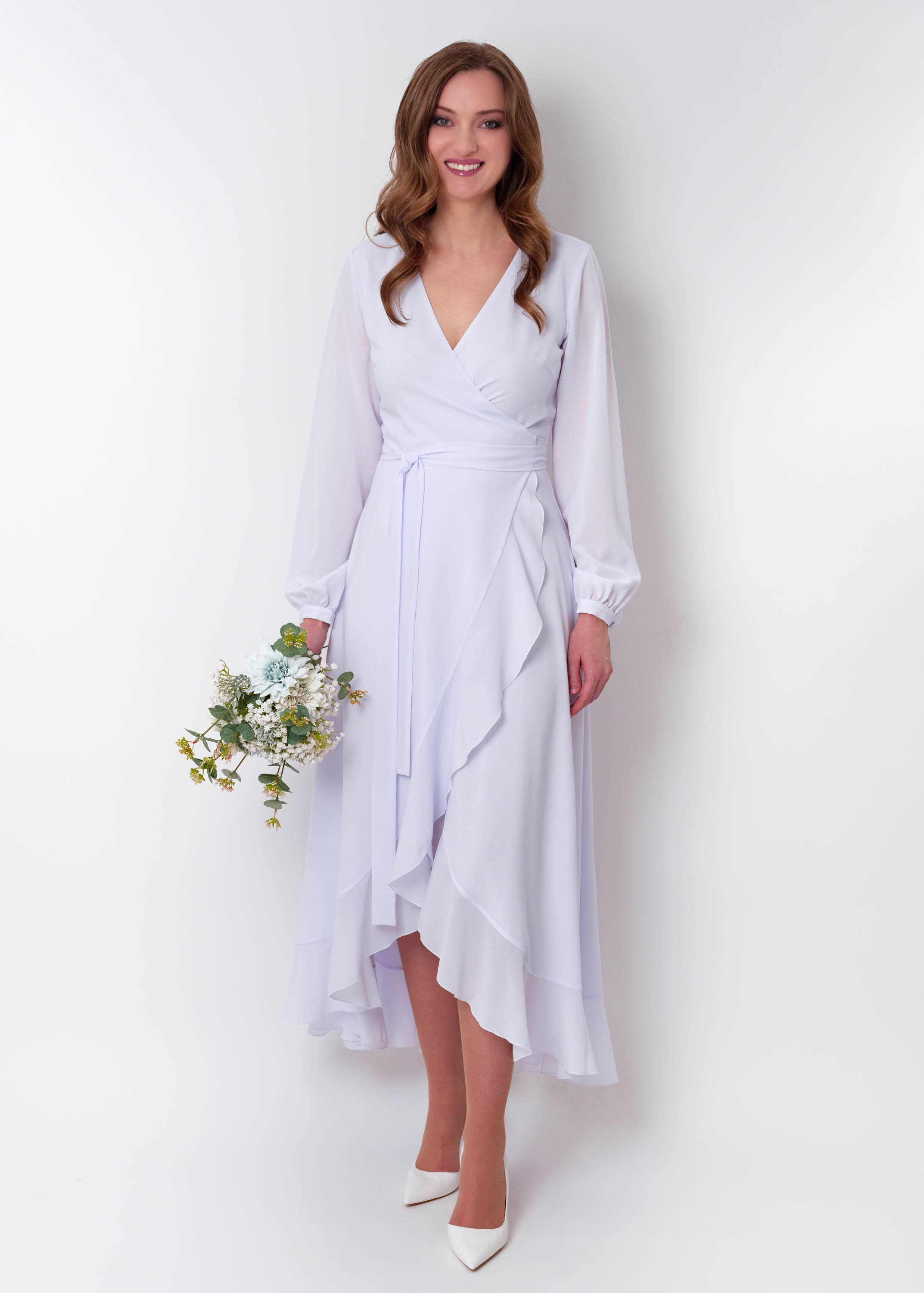 white chiffon wrap dress White Chiffon Maxi Dress - Wrap V-Neck with Tie Waist 668