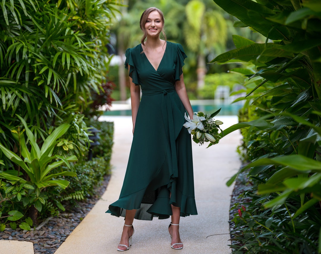 Dark Green Chiffon Bridesmaid Dress, Wedding Guest Dress, Bridesmaids Dress,  Chiffon Long Wrap Dress, Evening Dress, Formal Chiffon Dress - Etsy