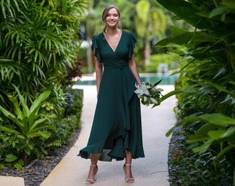 Dark green chiffon bridesmaid dress, wedding guest dress, bridesmaids dress, chiffon long wrap dress, evening dress, formal chiffon dress