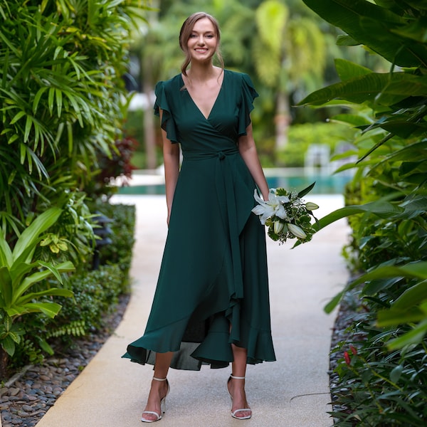 Dark green chiffon bridesmaid dress, wedding guest dress, bridesmaids dress, chiffon long wrap dress, evening dress, formal chiffon dress