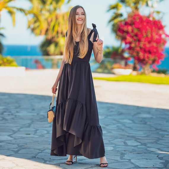 Zwarte biologisch linnen zomerjurk natuurlijk katoen lang maxi vakantie vakantie mouwloos getailleerd a lijn open rug asymmetrisch elegant Etsy Belgie
