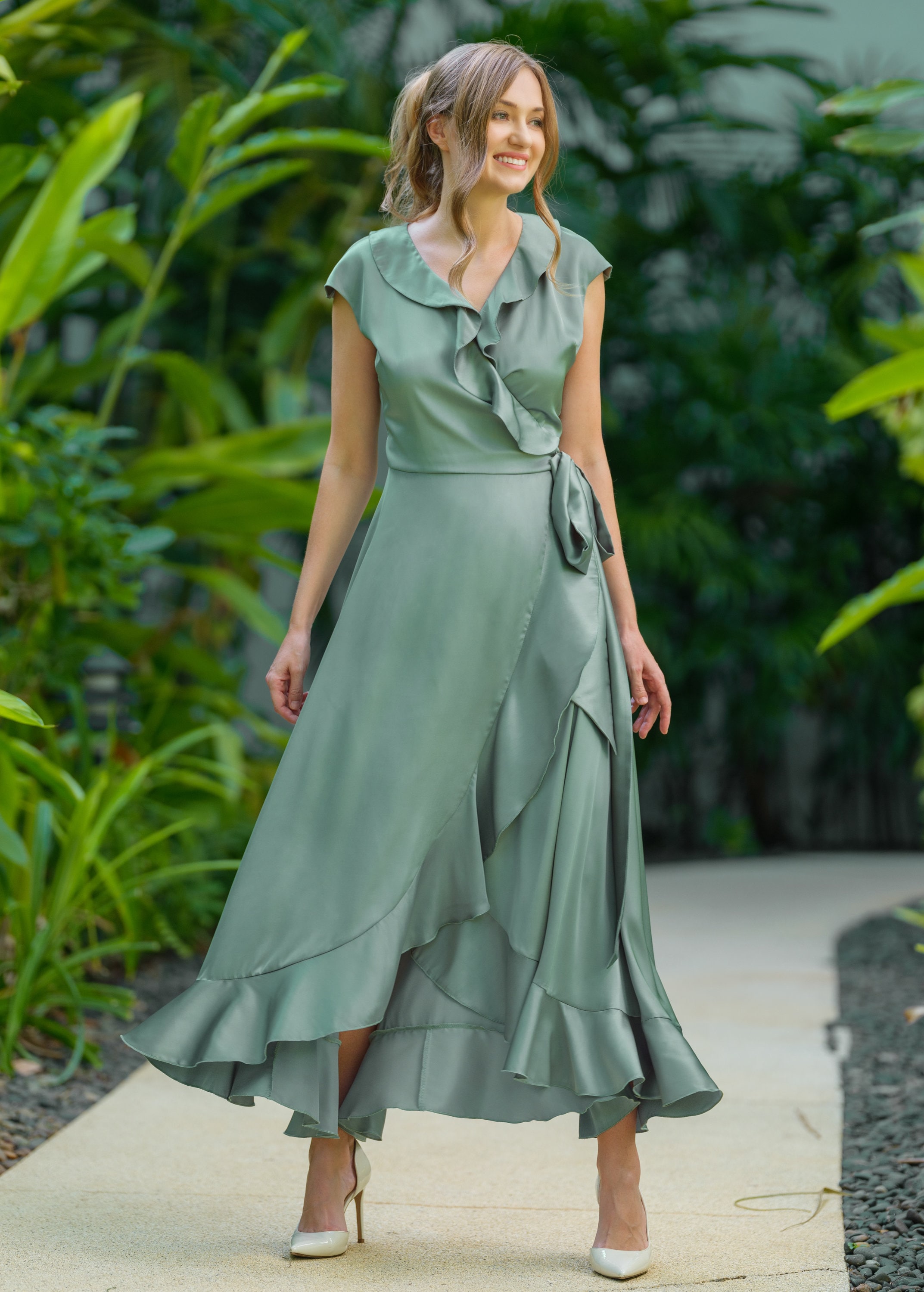 Sage green silk dress, silk dress, wrap dress, bridesmaid dress, wedding guest dress, women dress, maxi dress, evening dress