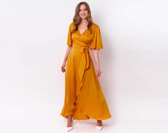 yellow silk wrap dress Yellow Silk Satin Dress Wrap V Neckline