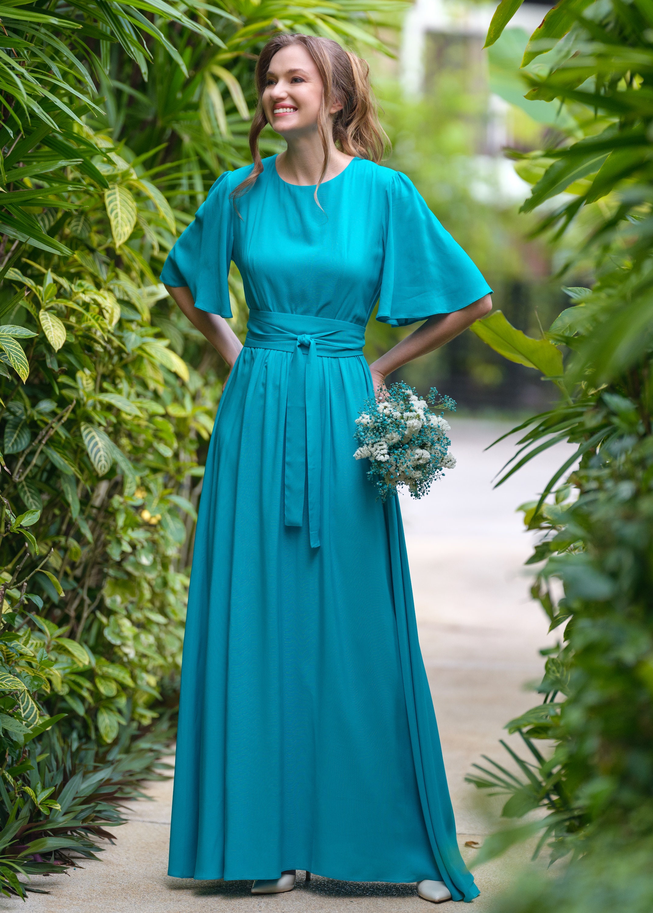 Turquoise long dress with belt, viscose slit dress, bridesmaids dress, wedding guest dress, summer dress, evening dress, formal dress Turquoise long dress with belt, viscose slit dress, bridesmaids dress, wedding guest dress, summer dress, evening dress, formal dress