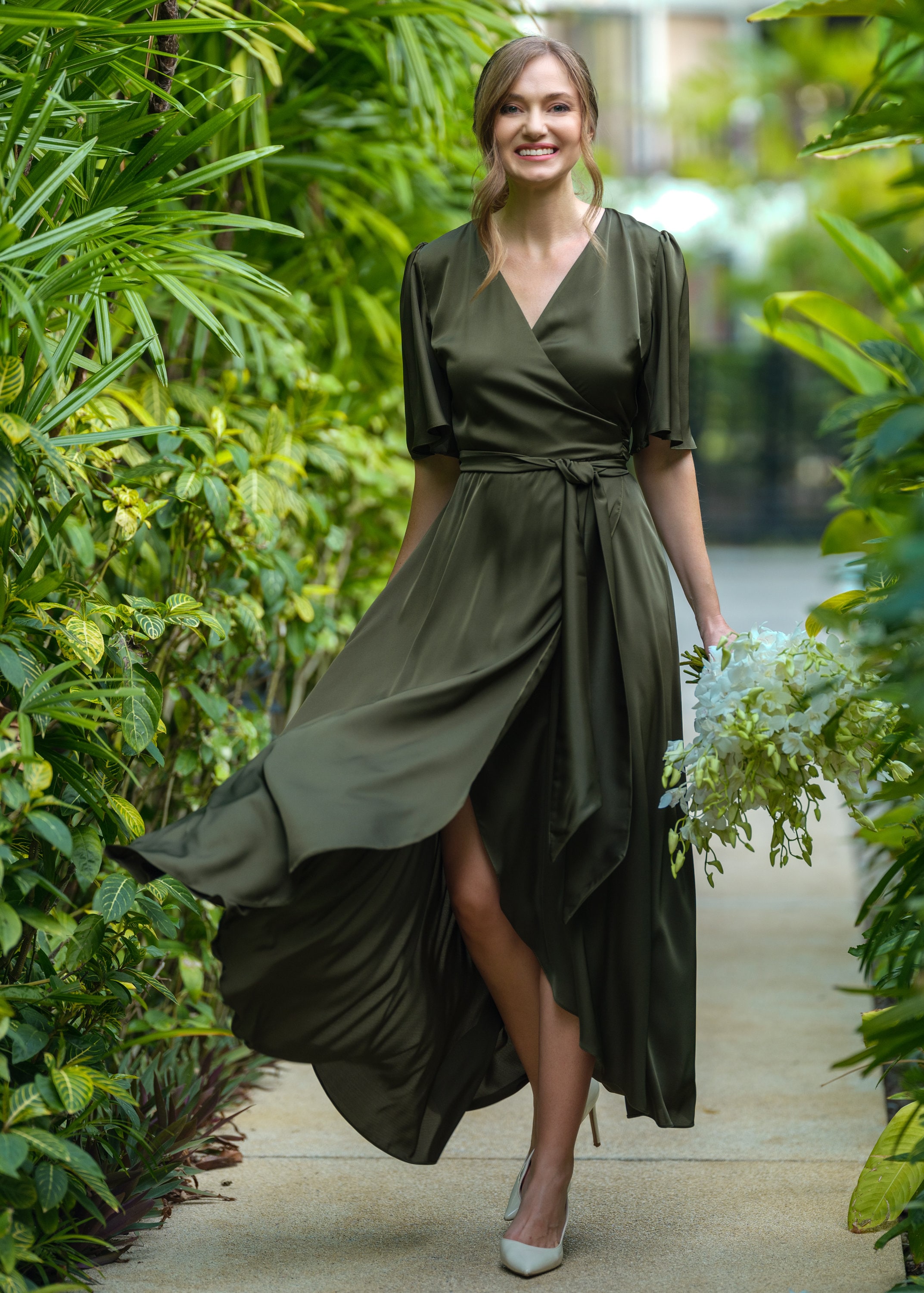 Dark olive silk dress, silk dress, wrap dress, bridesmaid dress, wedding guest dress, women dress, maxi dress, evening dress, long dress
