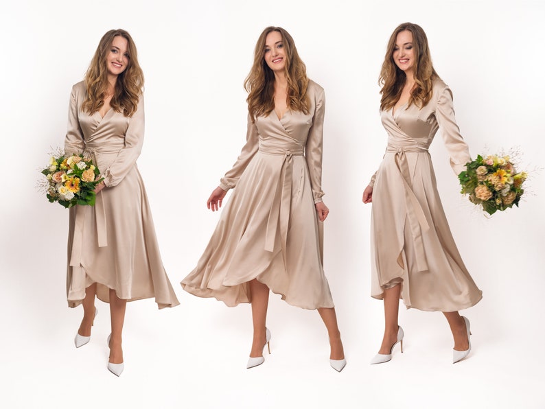 Champagne beige silk dress, silk dress, wrap dress, bridesmaid dress, wedding guest dress, women dress, maxi dress, evening dress image 1
