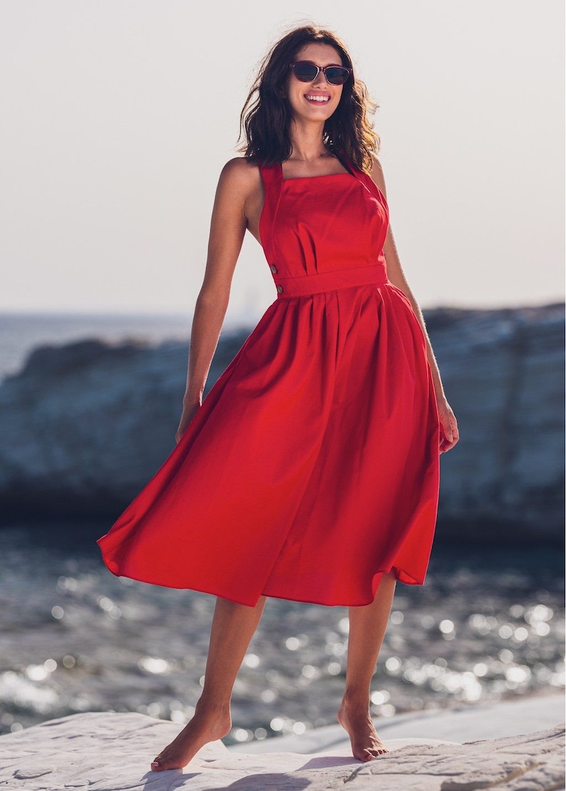 Red long organic cotton cross-back dress, mid-calf sundress, open back dress, crisscross, 50s-style dress, sleeveless, summer image 9