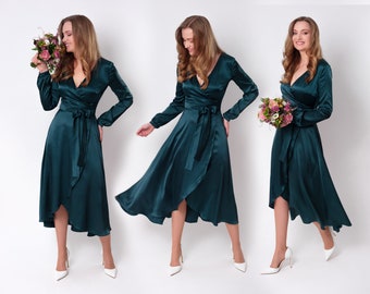 Silk dress, dark teal green silk dress, wrap dress, bridesmaid dress, wedding guest dress, women dress, maxi dress, evening dress