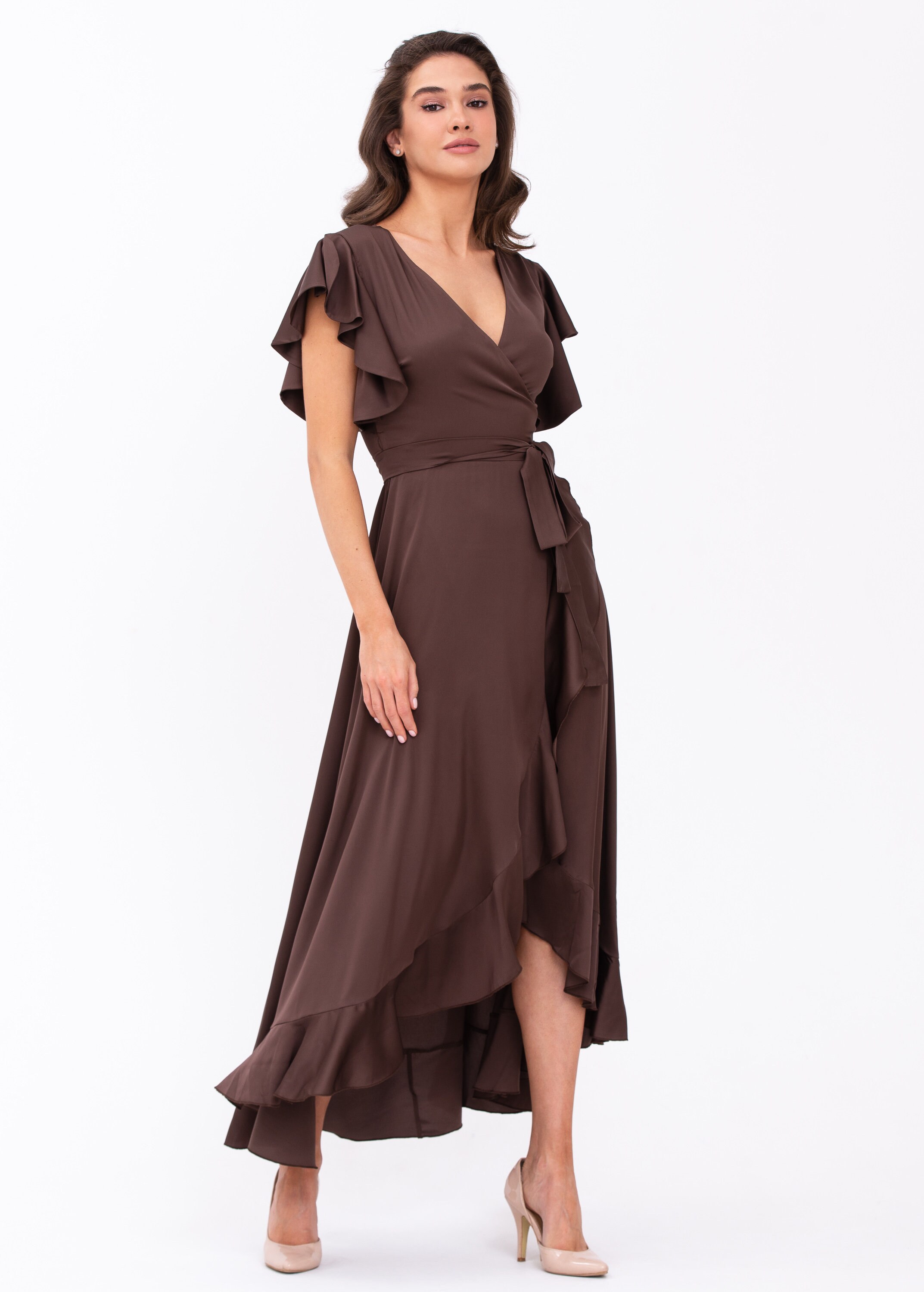 chocolate brown wrap dress Imani Wrap Maxi Dress | Chocolate | XS - 56 | Wrap Design, Built-In Belt, Lightweight Fabric | Clothing main image 1