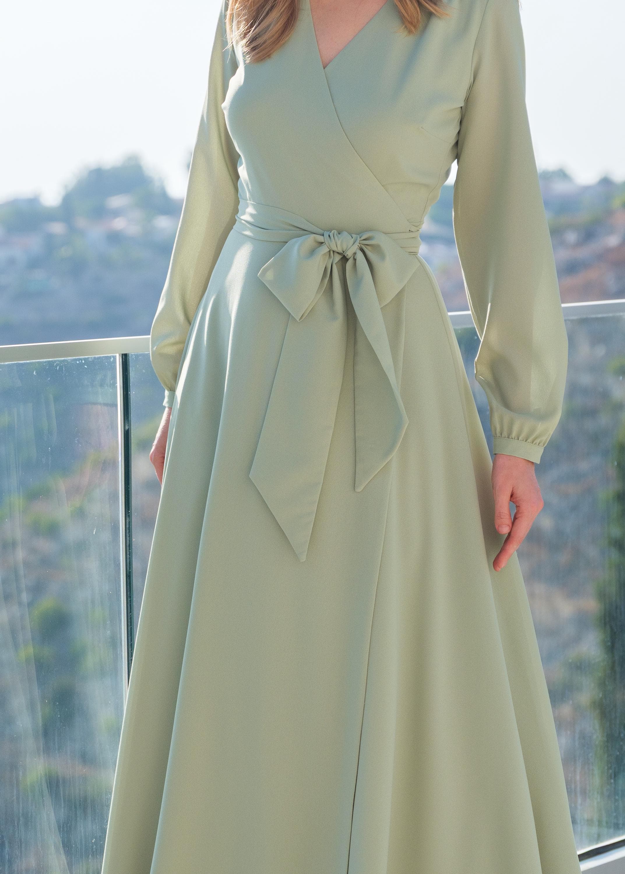Sage Green Chiffon Wrap Dress with Long Sleeves | Floor-Length Flowy Gown