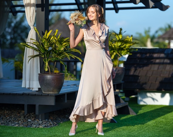 Champagne beige silk dress, silk dress, wrap dress, bridesmaid dress, wedding guest dress, women dress, maxi dress, evening dress Champagne beige silk dress, silk dress, wrap dress, bridesmaid dress, wedding guest dress, women dress, maxi dress, evening dress