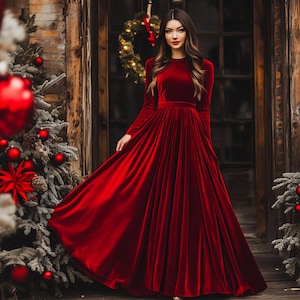Velvet dress | Red long dress | Long sleeve floor-length gown | Perfect for Holiday Parties, Winter Weddings & Special Occasions